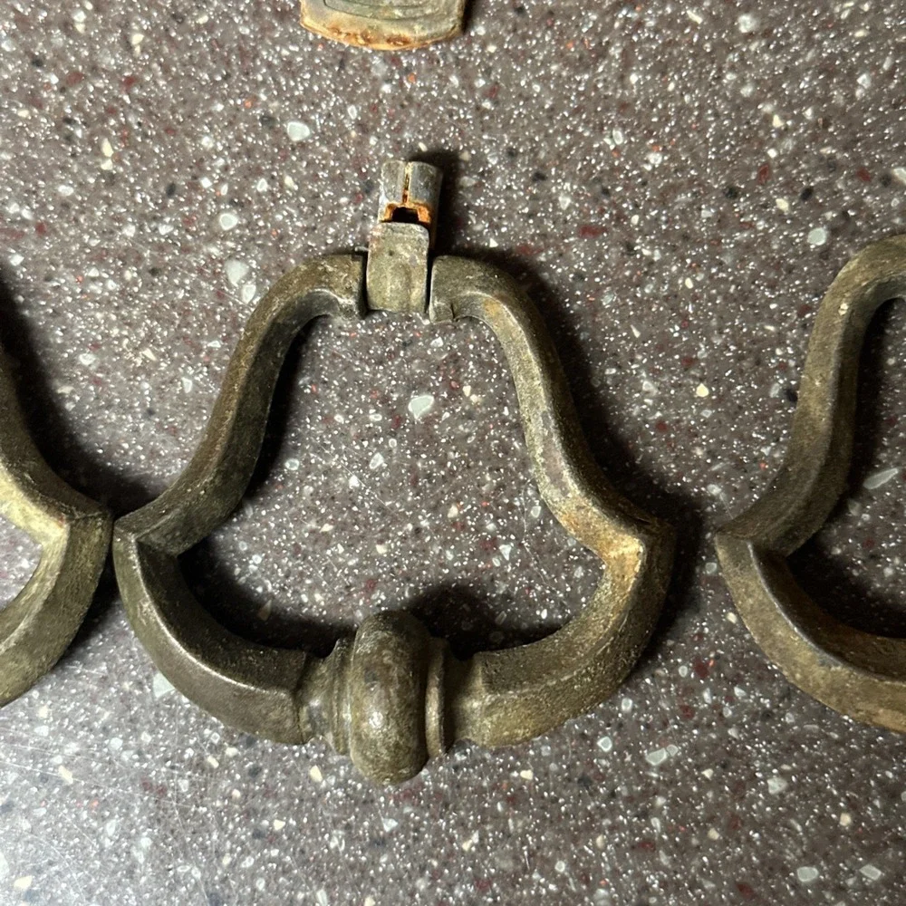 Set 3 VTG Antique Brass Drop Bail Drawer Pulls w Backplates 2.25